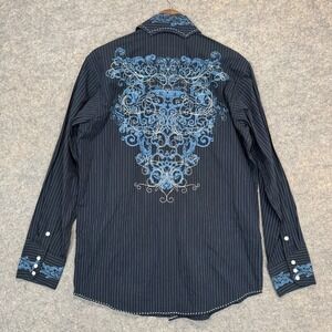 Brooks & Dunn Panhandle Slim Striped Western Pearl Snap Shirt Mens Medium Navy